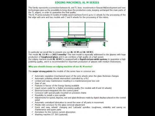 Electronic straight-line edging machines for the processing of flat edge with arris and with variable angle, AL M series